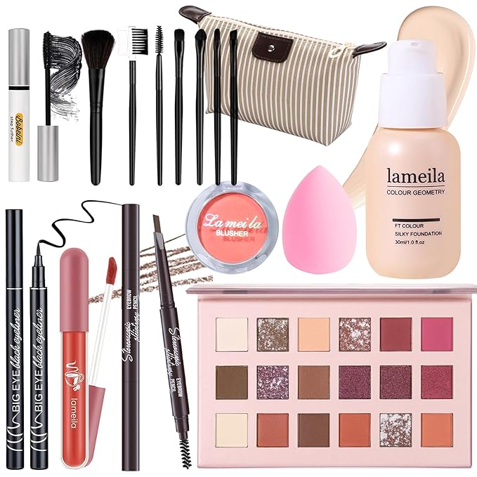 Makeup Set Full Kit for Girls Teens Women, Makeup Present Set, Includes Eyeshadow, Foundation, Mascara, Face Blusher, Eyebrow Pencil, Eyeliner, Brushes, Lip Gloss, Sponge, Cosmetic Bag
