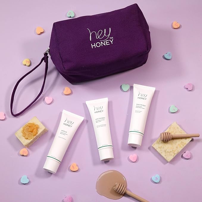Hey Honey 4pc Set: Love Your Body Lotion, Walk The Walk Foot Cream, Hands On Honey Hand Cream, Eco Makeup Bag. Perfect for Valentine's, Xmas, Birthdays