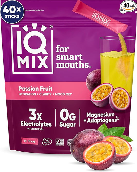 IQMIX Hydration Electrolyte Powder – 4-in-1 Formula for Hydration, Mental Clarity, Mood and Recovery – Sugar-Free Drink Mix, Keto, Magnesium L-Threonate, Lion’s Mane – 40 Count Passion Fruit