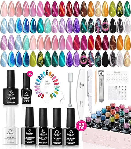 Beetles Cat Eye Gel Nail Polish Set-36 Colors Red Purple Brown Green Burgundy Magnetic Gel Nail Polish with Base Gel Glossy Matte Top Coat Magnet,Soak off UV Nail Gel DIY Nail Art Gift for Women