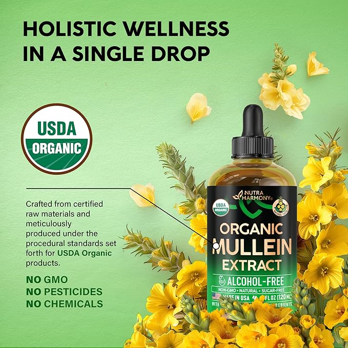 Mullein Drops for Lungs - USDA Organic Liquid - Mullein Leaf Extract Supplement - Made in USA - Lung & Bronchial Cleanse for Smokers - Respiratory Health Support - As Tincture, Tea, Pills - 4 fl oz