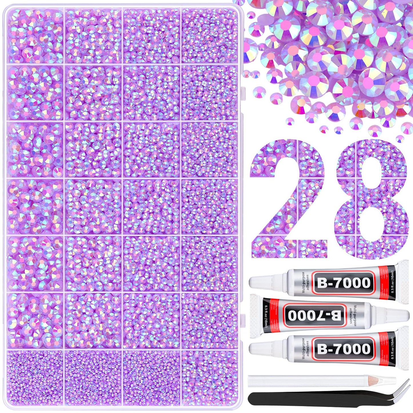 30000Pcs Resin Rhinestones for Bedazzling with 3Pcs B7000 Jewelry Glue, Lavender Purple AB Flatback Gems Rhinestones for Crafting, Clothing Tumblers Mugs Shoes Fabric Decor Nail Art
