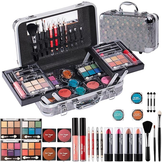 Hot Sugar Makeup Kit for Girls 10-12, Teen Girls Makeup Set for Beginners With Eye Shadow Palette, Blush, Lip Gloss, Brush, Mirror (Black Bubble)