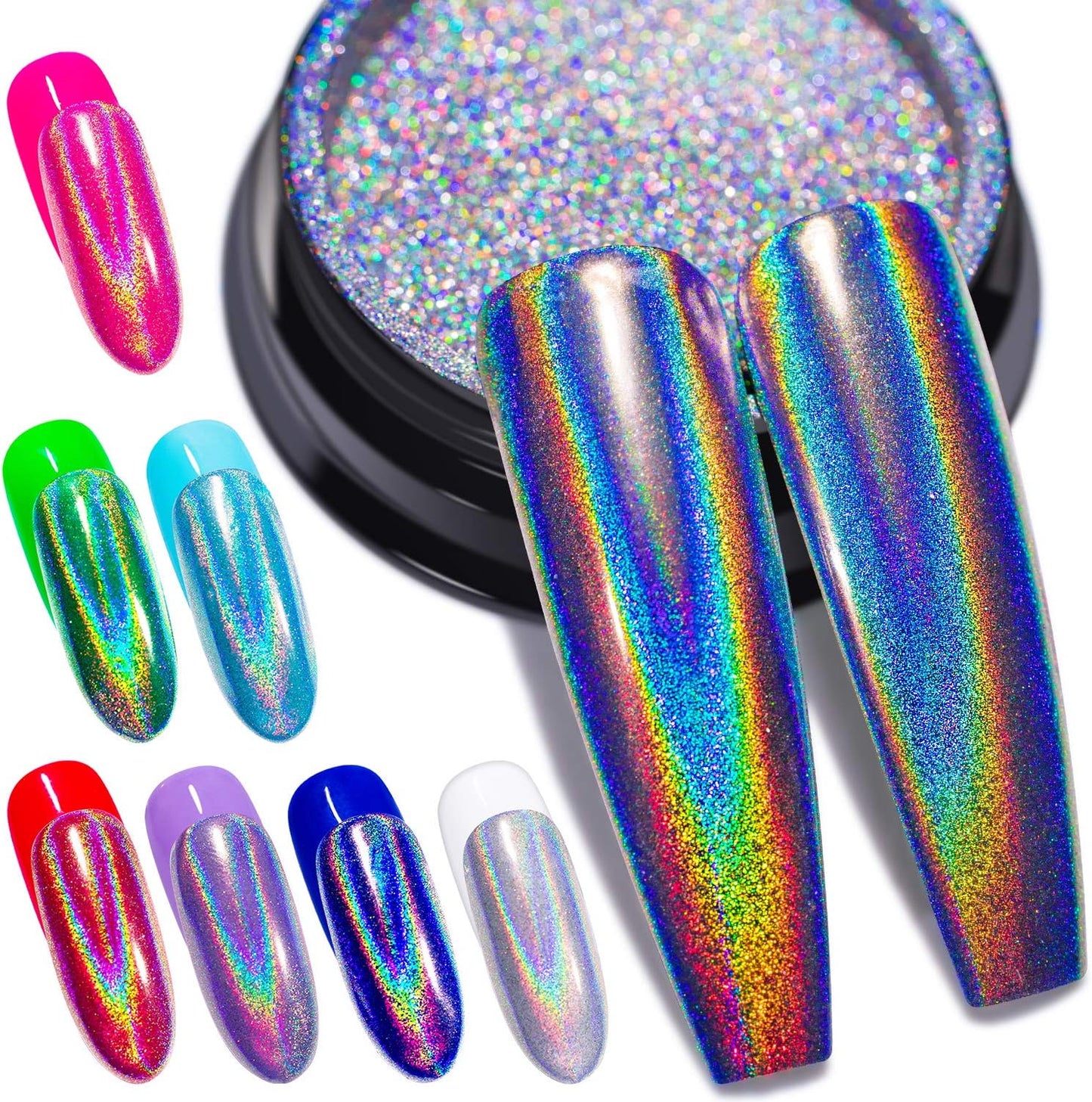 Holographic Nail Powder Fine Rainbow Holo Unicorn Mirror Laser Effect Multi Chrome Manicure Pigment Glitter Dust for Salon Home Nail Art DIY Deco, 0.04oz/1g, Sponge Tool/3pcs