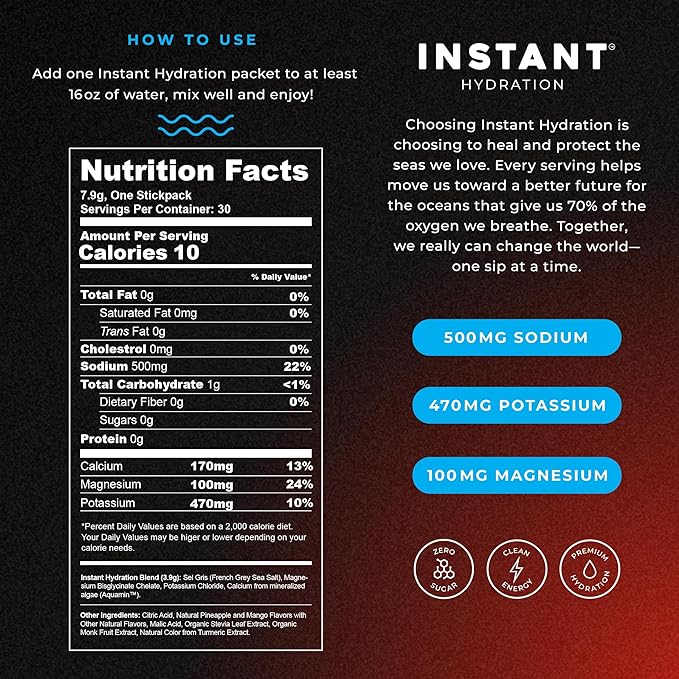 Instant Hydration Electrolytes Powder Packets - Mango Pineapple Drink Mix - Zero Sugar - Keto, Vegan, Gluten-Free, Non-GMO - Boost Recovery, Brain Health, Muscle & Tissue Support- 30 Sticks