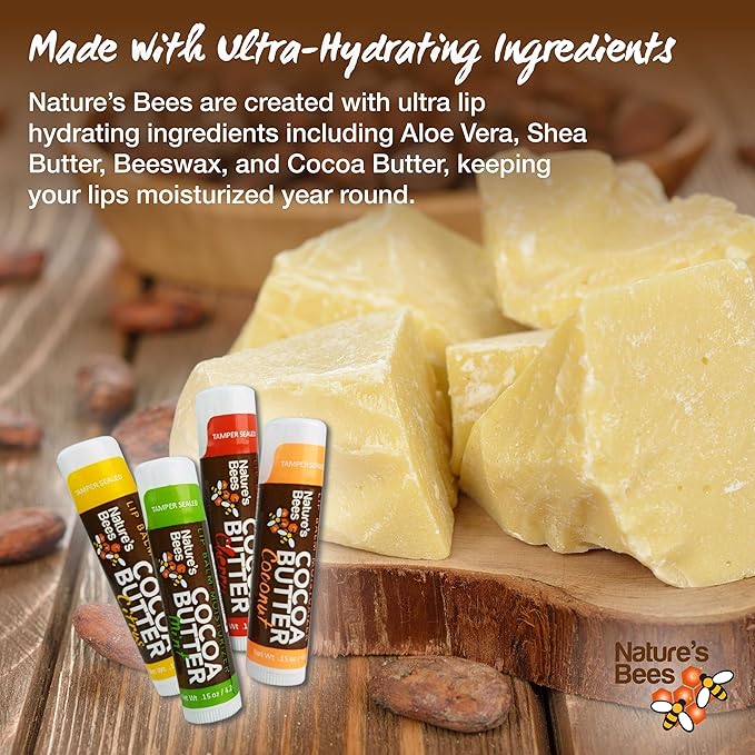 Nature's Bees - Cocoa Butter Lip Balm Moisturizer - Original 24 Pack, 4 Flavors - Original, Shea Butter, Mango Butter, Olive Oil - Made w/Coconut Oil, Beeswax, Vitamin E, Aloe - 0.15oz (4.2g)